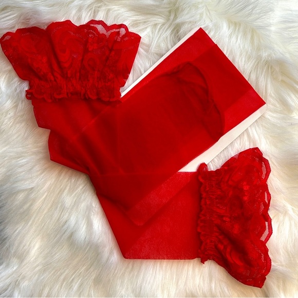 Red Thigh High Stockings with Lace Detail - Picture 4 of 5